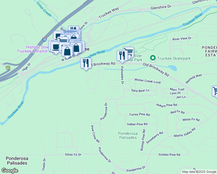 map of restaurants, bars, coffee shops, grocery stores, and more near 10268 Pine Cone Road in Truckee
