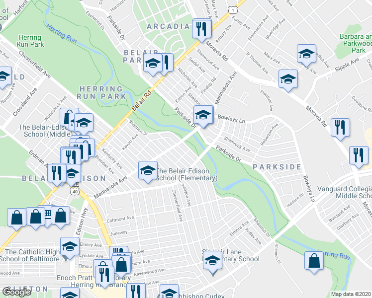 map of restaurants, bars, coffee shops, grocery stores, and more near 3321 Shannon Drive in Baltimore