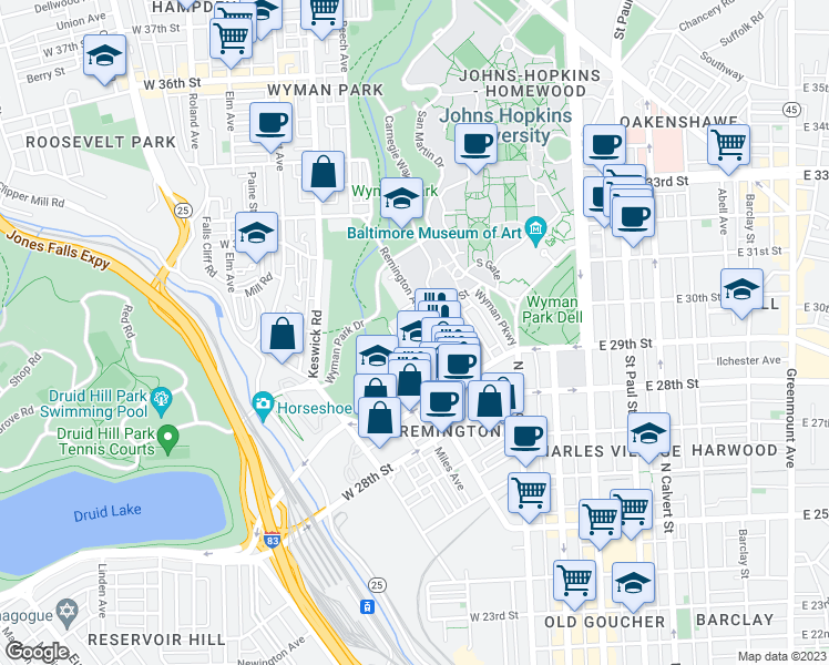 map of restaurants, bars, coffee shops, grocery stores, and more near 309 West 31st Street in Baltimore