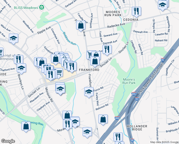 map of restaurants, bars, coffee shops, grocery stores, and more near Sinclair Ln & Frankford Ave in Baltimore