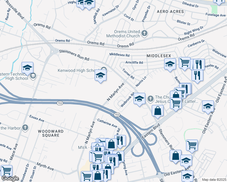 map of restaurants, bars, coffee shops, grocery stores, and more near 510 North Marlyn Avenue in Essex