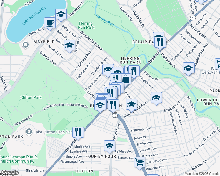 map of restaurants, bars, coffee shops, grocery stores, and more near 2836 Lake Avenue in Baltimore