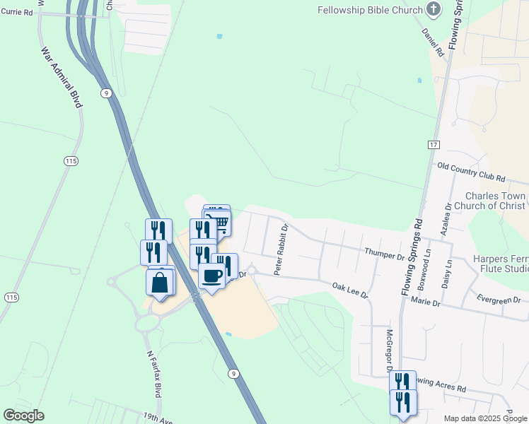 map of restaurants, bars, coffee shops, grocery stores, and more near 508 Thumper Drive in Ranson