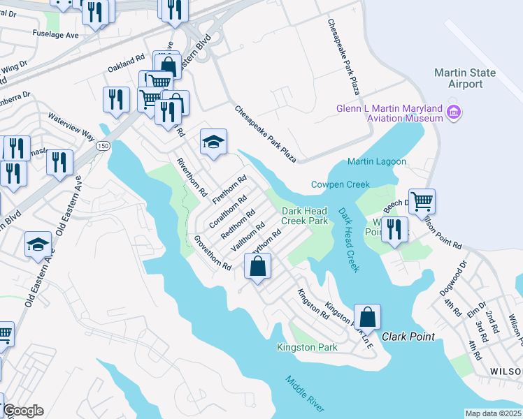 map of restaurants, bars, coffee shops, grocery stores, and more near 2226 Redthorn Road in Middle River