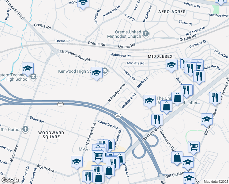 map of restaurants, bars, coffee shops, grocery stores, and more near 510 North Marlyn Avenue in Essex