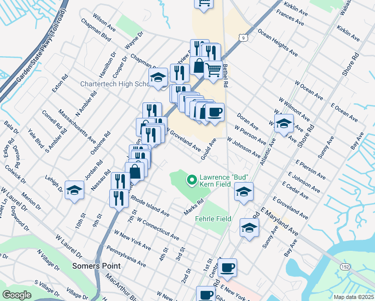 map of restaurants, bars, coffee shops, grocery stores, and more near 673 West Maryland Avenue in Somers Point