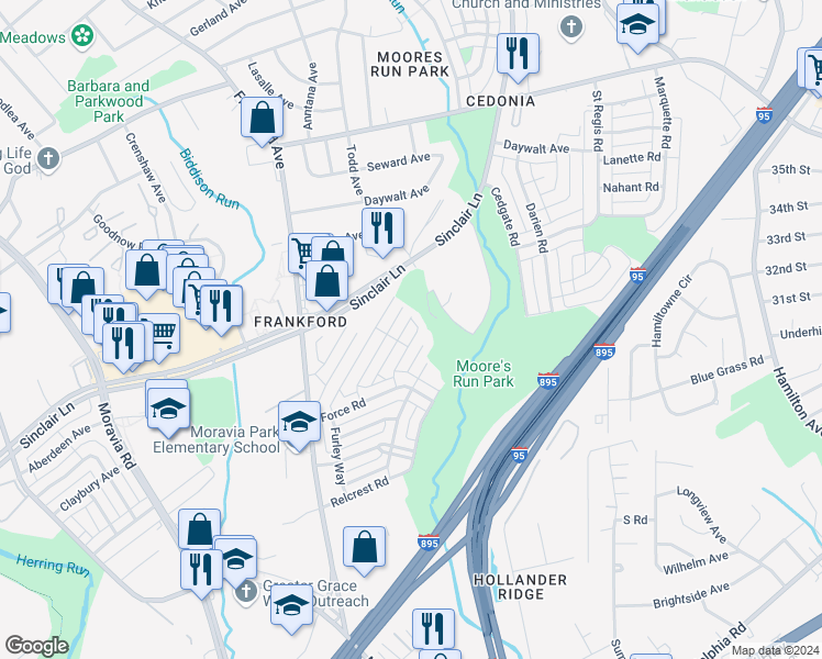 map of restaurants, bars, coffee shops, grocery stores, and more near 4916 Midline Road in Baltimore