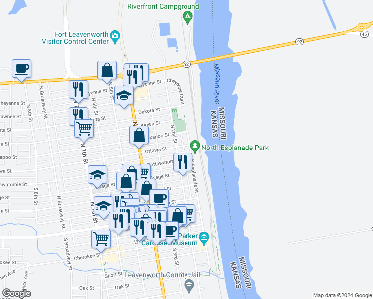 map of restaurants, bars, coffee shops, grocery stores, and more near 515 N Esplanade St in Leavenworth