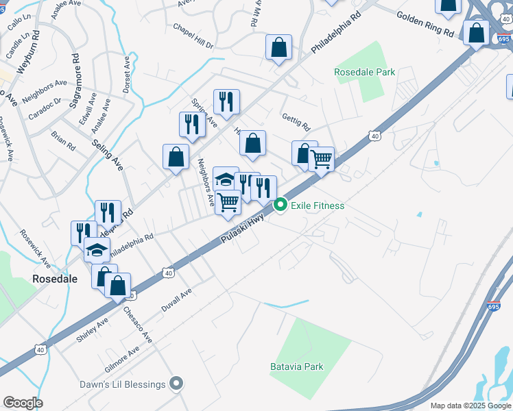 map of restaurants, bars, coffee shops, grocery stores, and more near 8304 Old Philadelphia Road in Baltimore