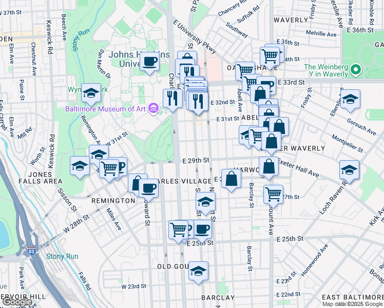 map of restaurants, bars, coffee shops, grocery stores, and more near 2910 Saint Paul Street in Baltimore