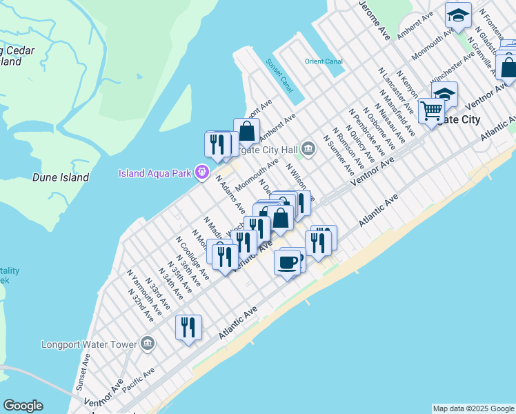 map of restaurants, bars, coffee shops, grocery stores, and more near 108 North Washington Avenue in Margate City