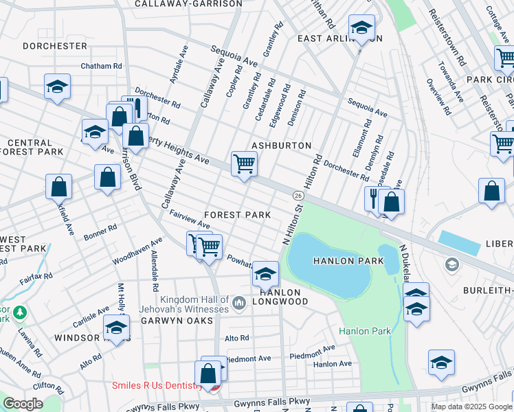 map of restaurants, bars, coffee shops, grocery stores, and more near 3407 West Forest Park Avenue in Baltimore