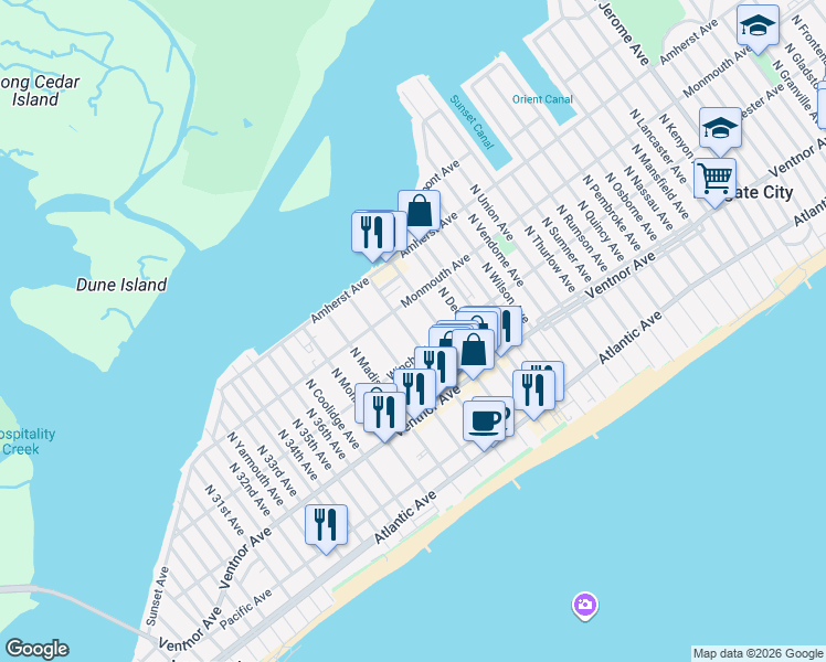 map of restaurants, bars, coffee shops, grocery stores, and more near 130 North Adams Avenue in Margate City