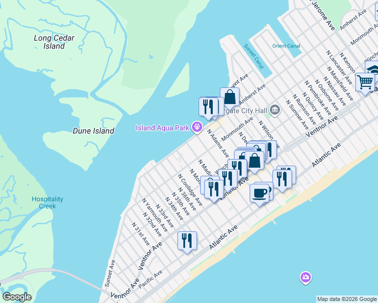 map of restaurants, bars, coffee shops, grocery stores, and more near 9606 Amherst Avenue in Margate City