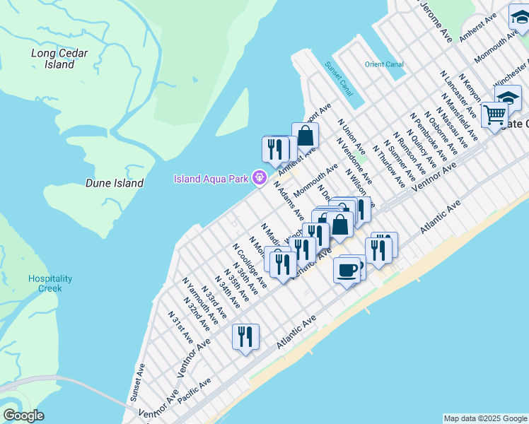 map of restaurants, bars, coffee shops, grocery stores, and more near 9503 Monmouth Avenue in Margate City