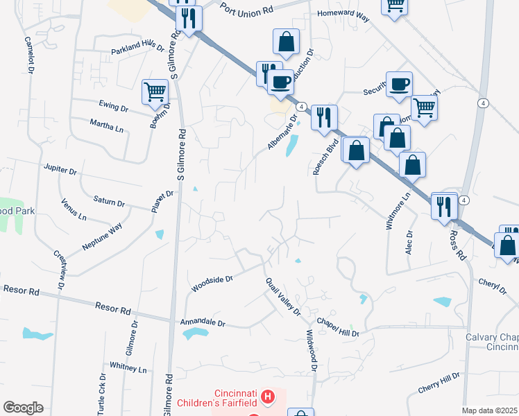 map of restaurants, bars, coffee shops, grocery stores, and more near 132 Highridge Court in Fairfield