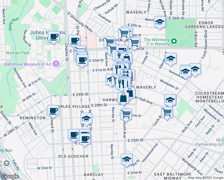 map of restaurants, bars, coffee shops, grocery stores, and more near 2900 Barclay Street in Baltimore