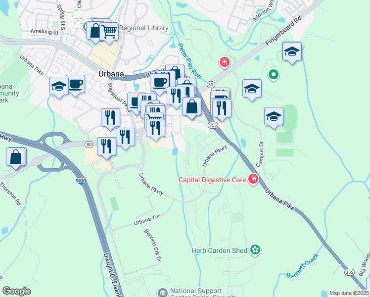 map of restaurants, bars, coffee shops, grocery stores, and more near 3270 Centennial Way in Ijamsville