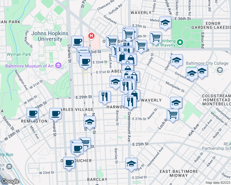 map of restaurants, bars, coffee shops, grocery stores, and more near 2900 Barclay Street in Baltimore