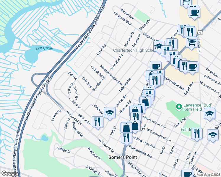 map of restaurants, bars, coffee shops, grocery stores, and more near 14 Princeton Road in Somers Point