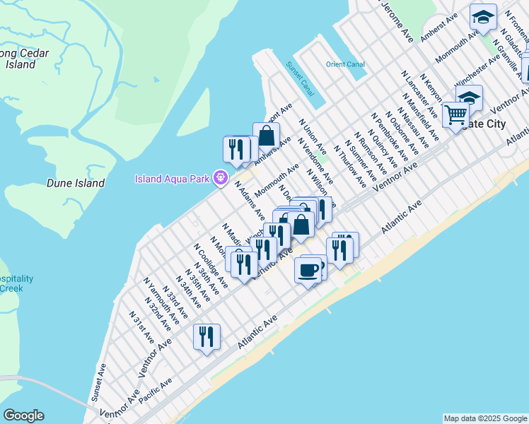 map of restaurants, bars, coffee shops, grocery stores, and more near 113 North Adams Avenue in Margate City