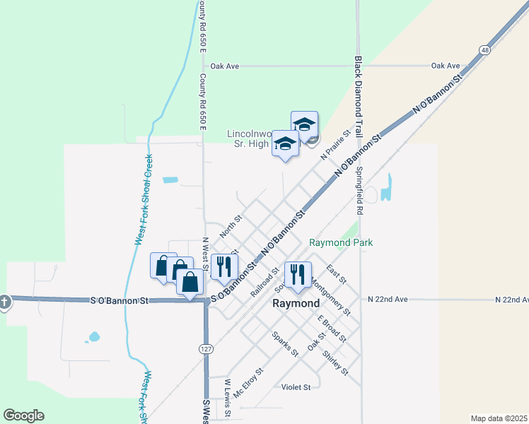 map of restaurants, bars, coffee shops, grocery stores, and more near 203 East Street in Raymond