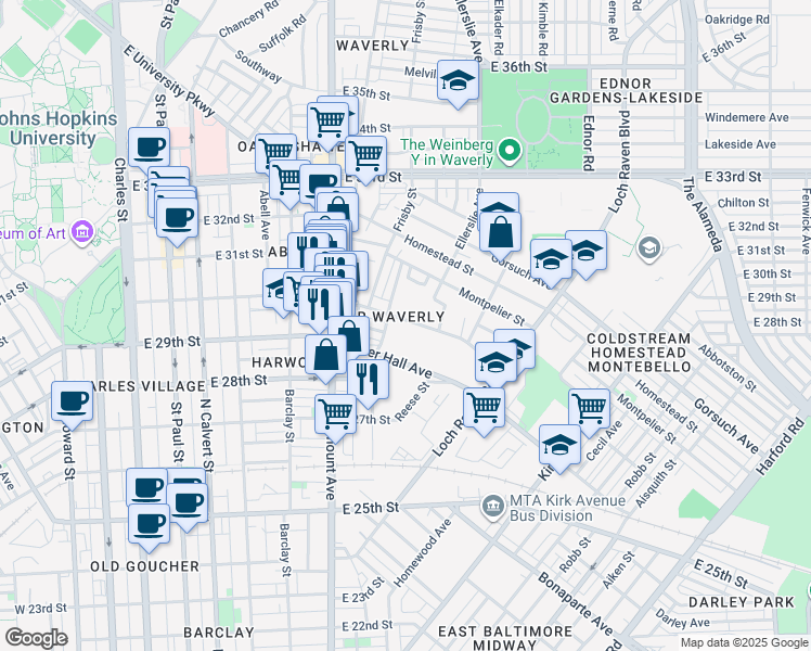 map of restaurants, bars, coffee shops, grocery stores, and more near 715 East 30th Street in Baltimore