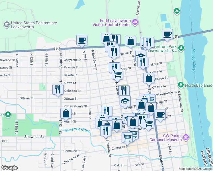 map of restaurants, bars, coffee shops, grocery stores, and more near 740 Kickapoo Street in Leavenworth