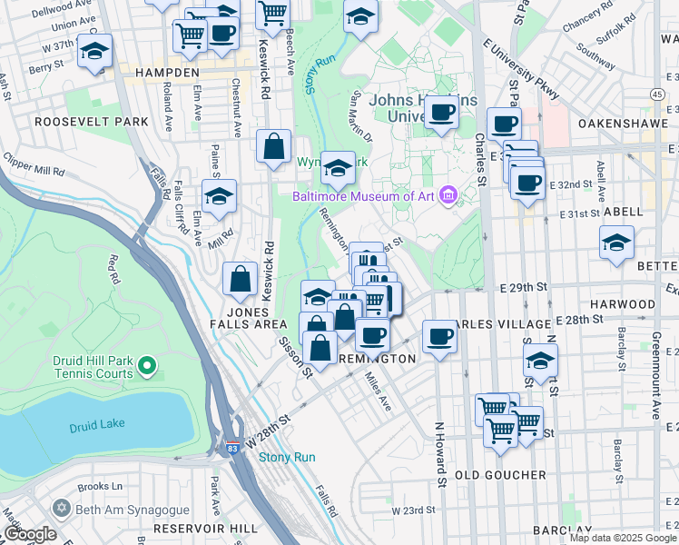 map of restaurants, bars, coffee shops, grocery stores, and more near 314 West 31st Street in Baltimore
