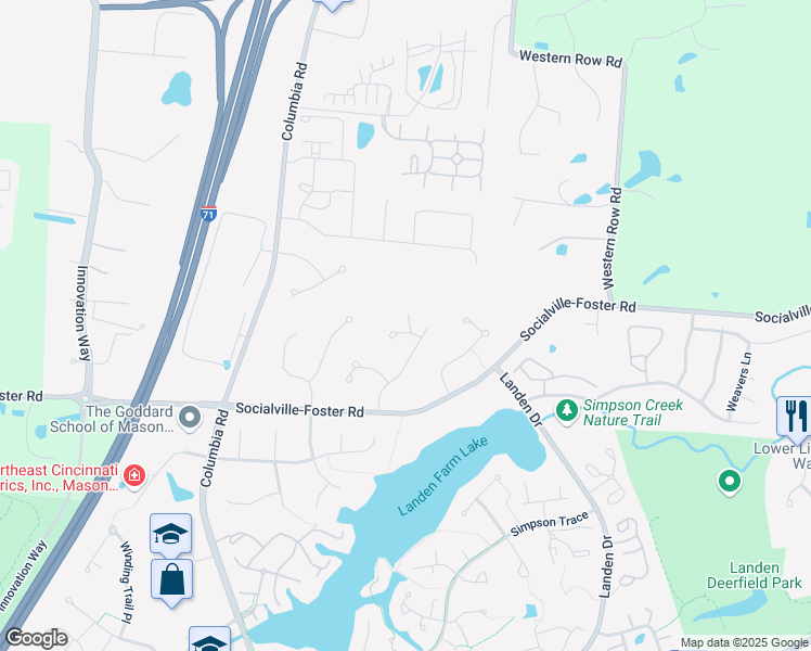 map of restaurants, bars, coffee shops, grocery stores, and more near 3142 Woods Edge Court in Maineville