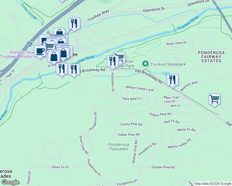 map of restaurants, bars, coffee shops, grocery stores, and more near 10161 Palisades Drive in Truckee