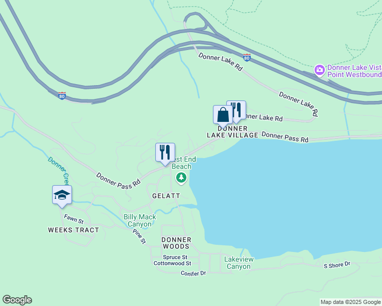 map of restaurants, bars, coffee shops, grocery stores, and more near 15900 Donner Pass Road in Truckee