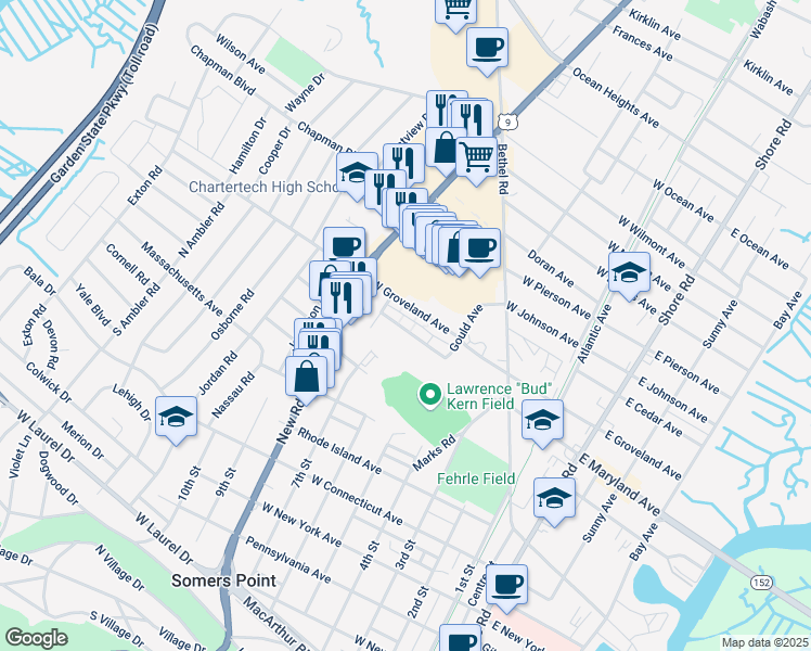 map of restaurants, bars, coffee shops, grocery stores, and more near 673 West Maryland Avenue in Somers Point