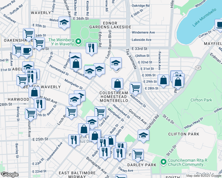 map of restaurants, bars, coffee shops, grocery stores, and more near 1411 Carswell Street in Baltimore