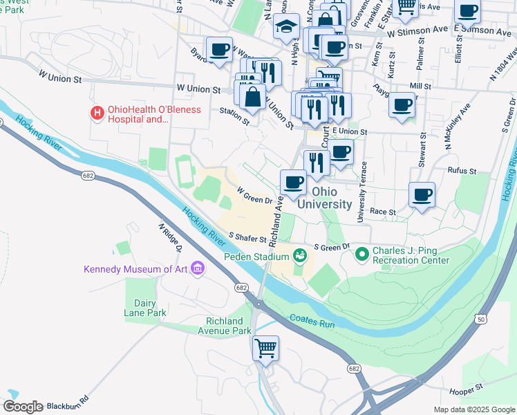 map of restaurants, bars, coffee shops, grocery stores, and more near 36-38 West Green Drive in Athens
