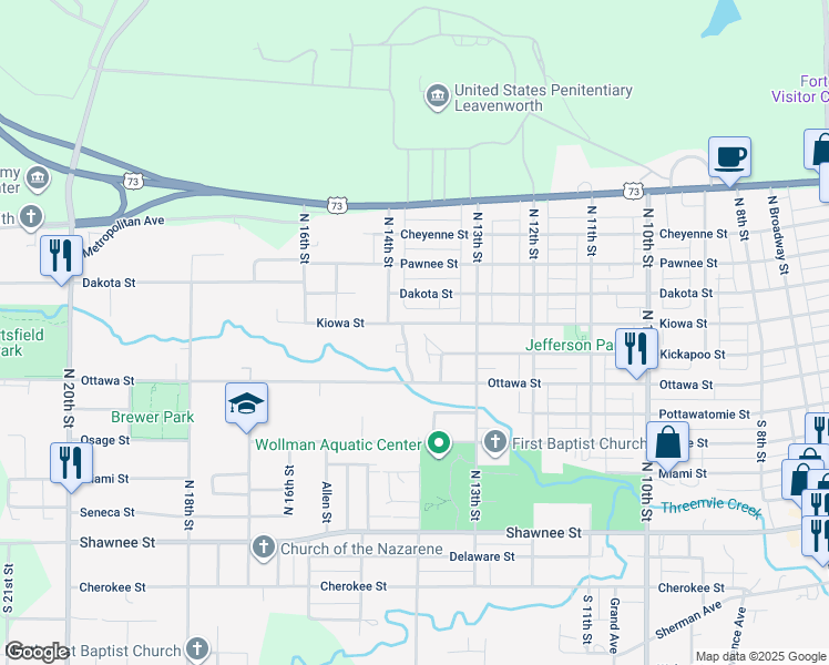 map of restaurants, bars, coffee shops, grocery stores, and more near 709 North 13th Terrace in Leavenworth