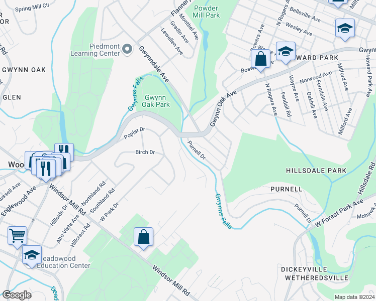 map of restaurants, bars, coffee shops, grocery stores, and more near in Milford Mill