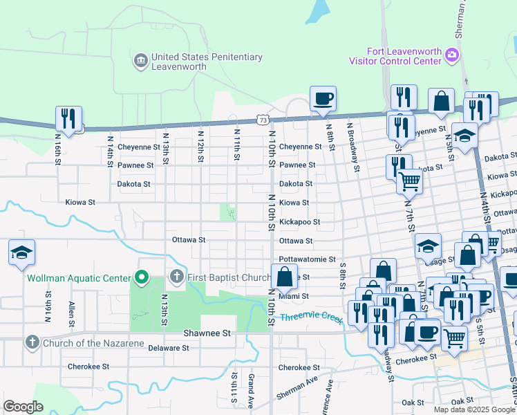 map of restaurants, bars, coffee shops, grocery stores, and more near 1015 Kiowa Street in Leavenworth