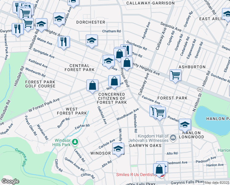 map of restaurants, bars, coffee shops, grocery stores, and more near 3200 Chelsea Terrace in Baltimore