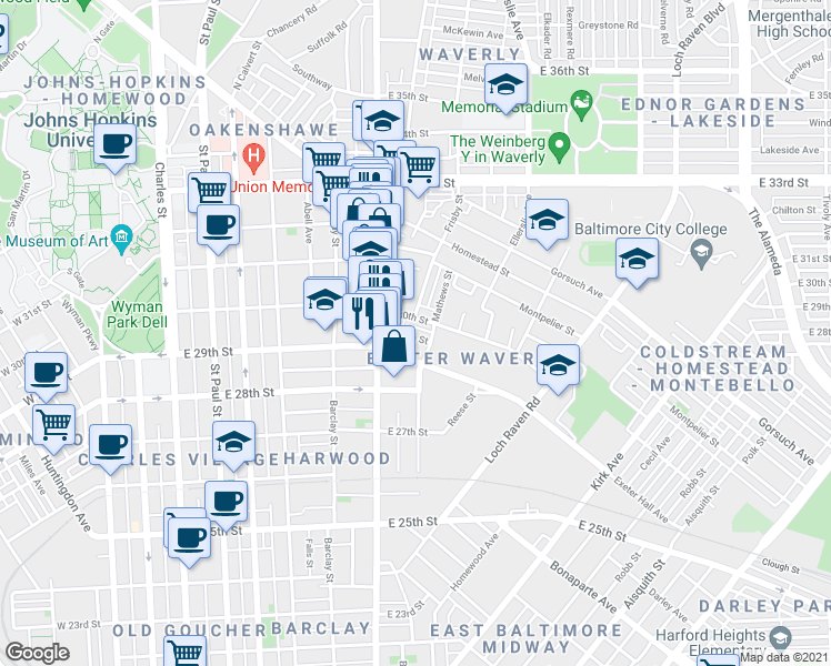 map of restaurants, bars, coffee shops, grocery stores, and more near 618 East 29th Street in Baltimore