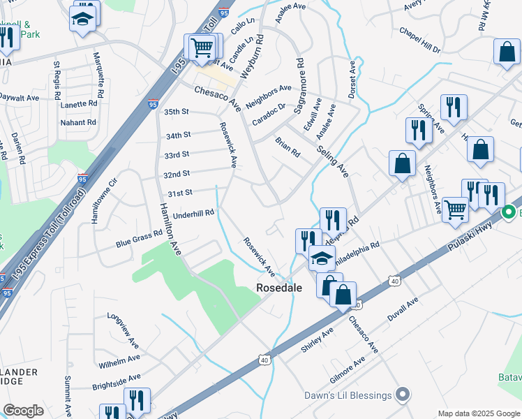 map of restaurants, bars, coffee shops, grocery stores, and more near 1408 Lancelot Drive in Rosedale