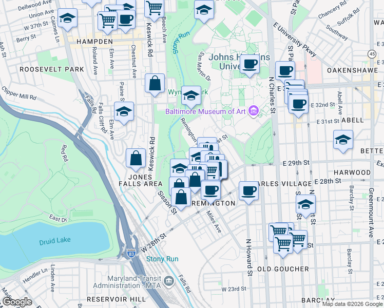 map of restaurants, bars, coffee shops, grocery stores, and more near 310 West 31st Street in Baltimore