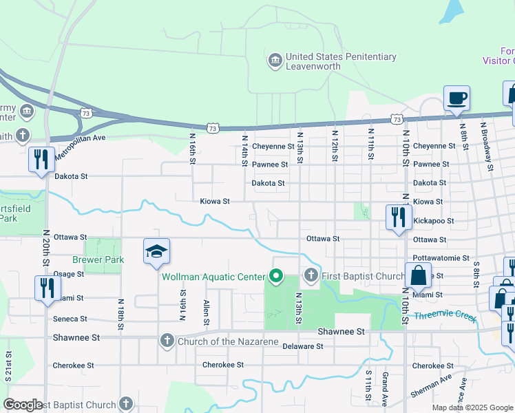 map of restaurants, bars, coffee shops, grocery stores, and more near 712 North 13th Terrace in Leavenworth