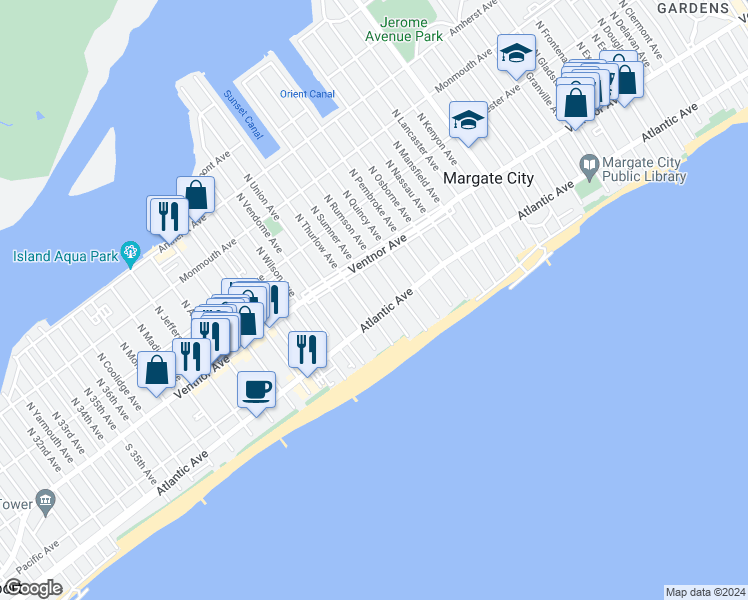 map of restaurants, bars, coffee shops, grocery stores, and more near 10 South Sumner Avenue in Margate City