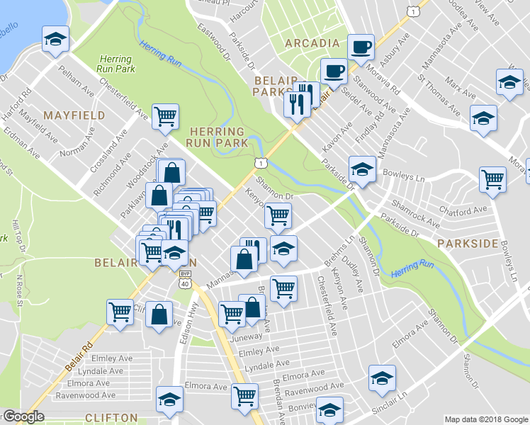 map of restaurants, bars, coffee shops, grocery stores, and more near 3115 Kenyon Avenue in Baltimore