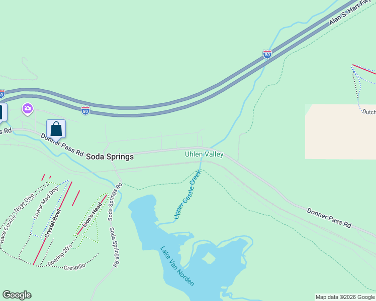 map of restaurants, bars, coffee shops, grocery stores, and more near 21085 Donner Pass Road in Soda Springs