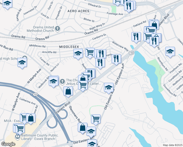 map of restaurants, bars, coffee shops, grocery stores, and more near 105 Bennett Road in Essex