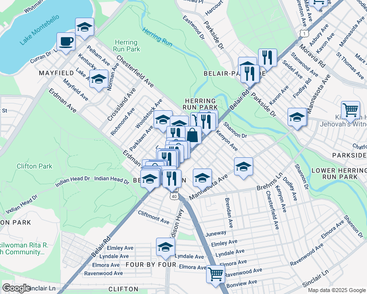 map of restaurants, bars, coffee shops, grocery stores, and more near 3500 Belair Road in Baltimore
