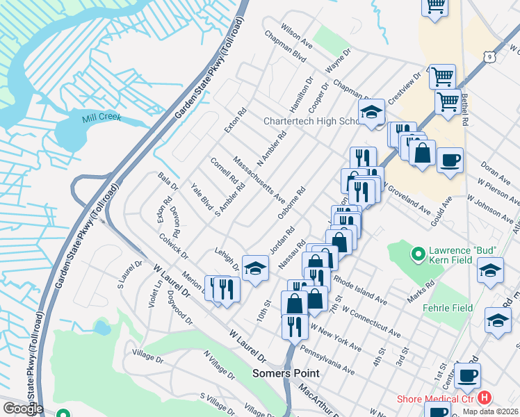 map of restaurants, bars, coffee shops, grocery stores, and more near 14 Princeton Road in Somers Point