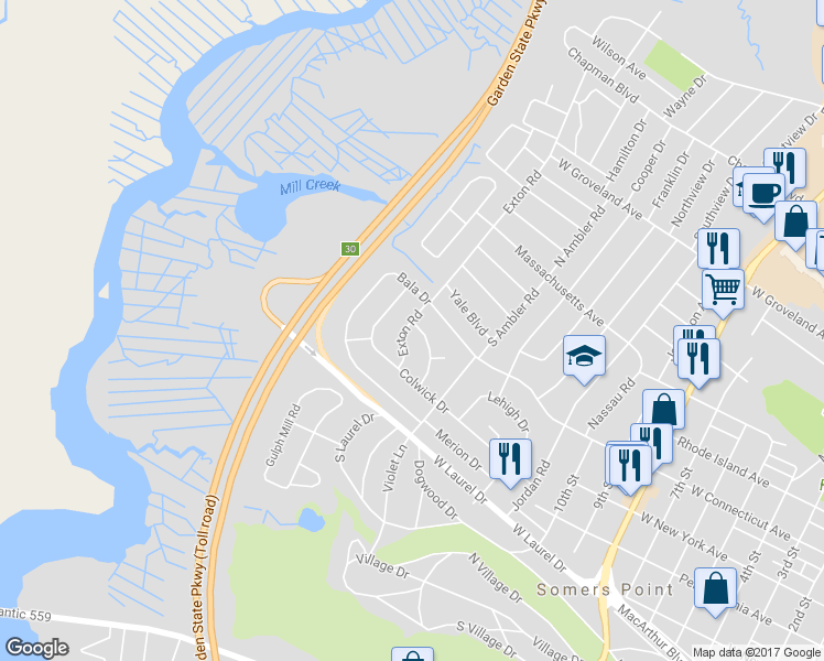 map of restaurants, bars, coffee shops, grocery stores, and more near 129 Exton Road in Somers Point